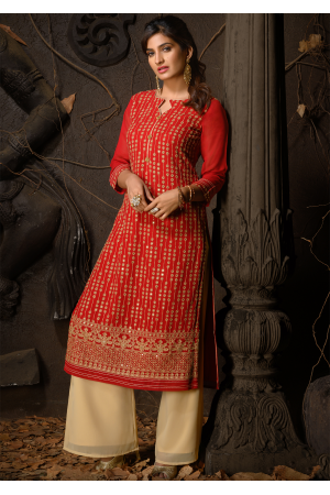 Red Color Designer Georgette Straight Cut Kurti